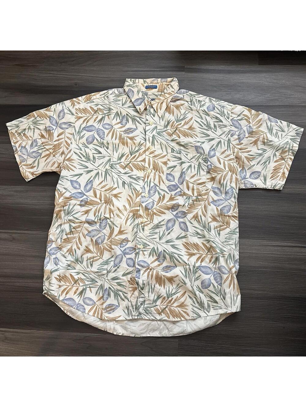 Pendleton Hawaiian Shirt Men's Sz X-Large XL Beige Floral Bamboo Green Tan Blue